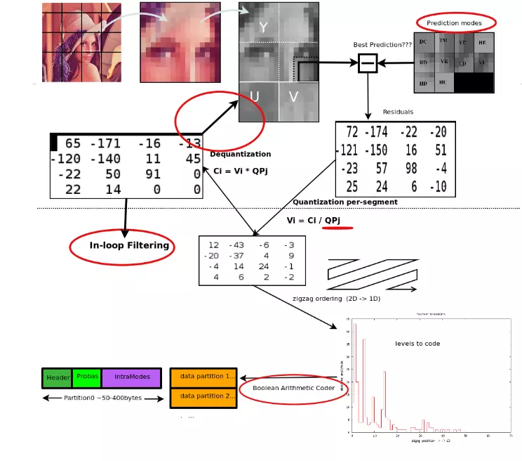 Das folgende Diagramm zeigt die Schritte der verlustbehafteten WebP-Komprimierung. Die Unterscheidungsmerkmale gegenüber JPEG sind rot umrandet.